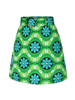 Sale Retro Stage 1960s Vintage Floral Belted Mini Skirt Green