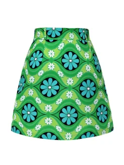 Sale Retro Stage 1960s Vintage Floral Belted Mini Skirt Green
