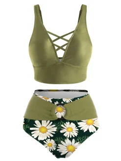 Outlet Retro Stage 1950s V-Neck Daisy Swimsuit Green