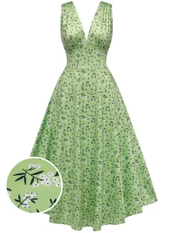 Best Retro Stage 1940s V-Neck Ditsy Floral Dress Green