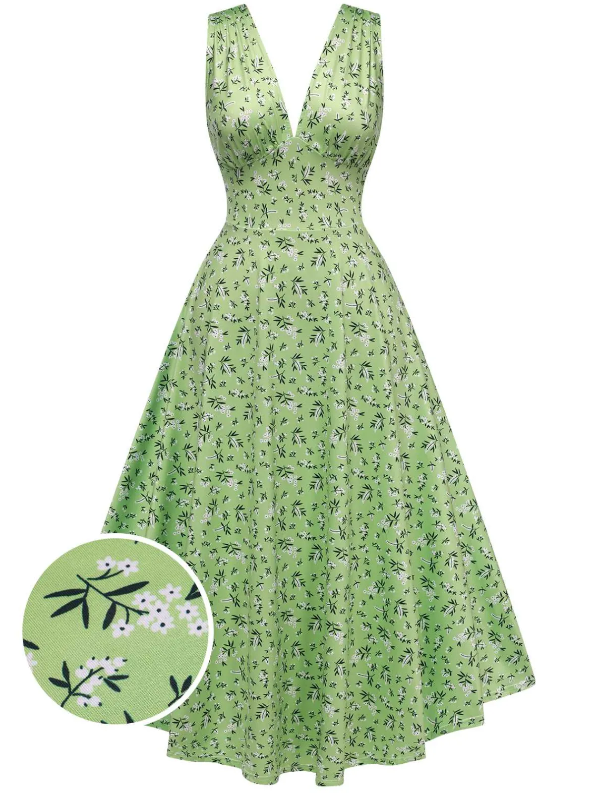 Best Retro Stage 1940s V-Neck Ditsy Floral Dress Green