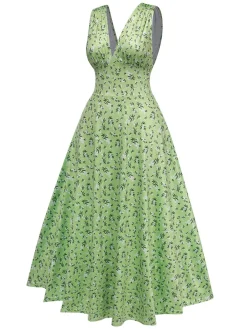Best Retro Stage 1940s V-Neck Ditsy Floral Dress Green