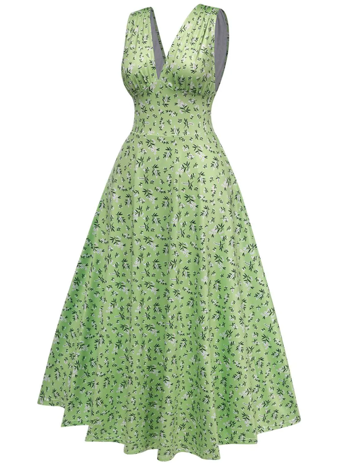 Best Retro Stage 1940s V-Neck Ditsy Floral Dress Green