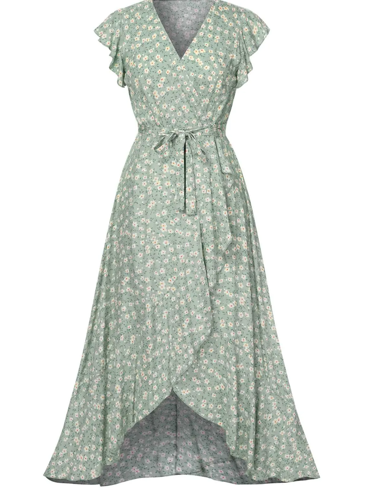 Best Retro Stage 1940s V-Neck Ditsy Floral Irregular Hem Dress Green