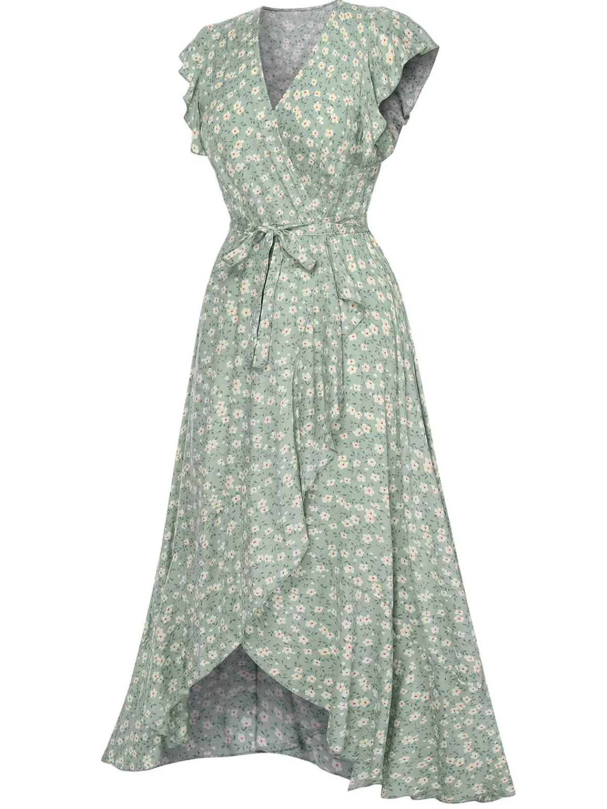 Best Retro Stage 1940s V-Neck Ditsy Floral Irregular Hem Dress Green