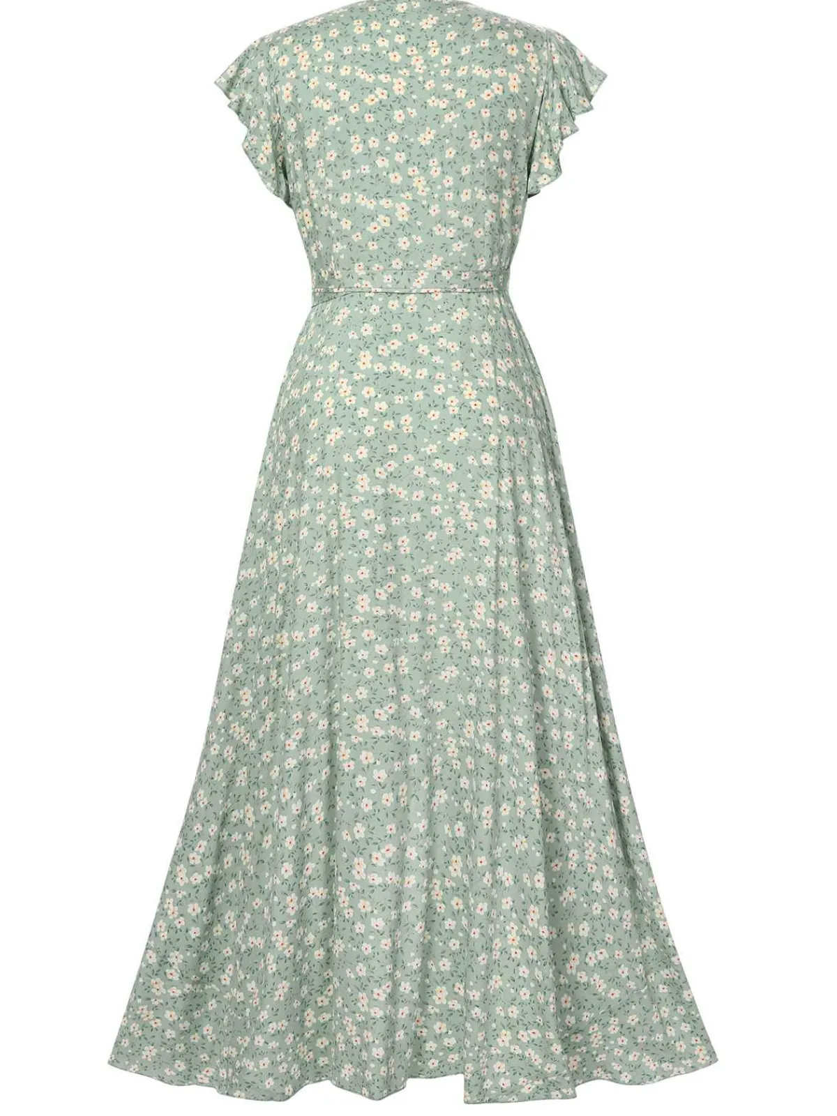 Best Retro Stage 1940s V-Neck Ditsy Floral Irregular Hem Dress Green