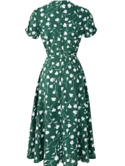 Discount Retro Stage 1940s V-Neck Floral Dress Green