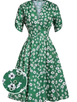 Clearance Retro Stage 1940s V-Neck Floral Dress Green
