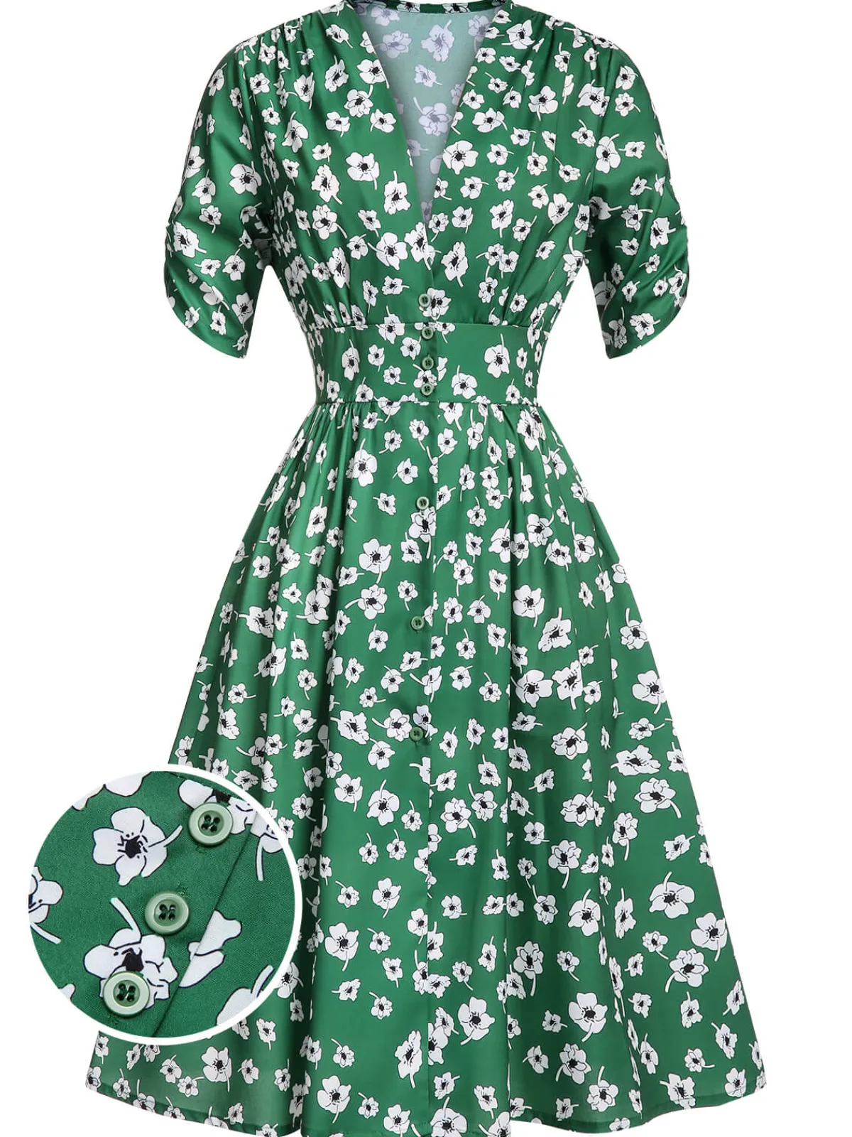 Clearance Retro Stage 1940s V-Neck Floral Dress Green