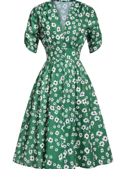 Clearance Retro Stage 1940s V-Neck Floral Dress Green