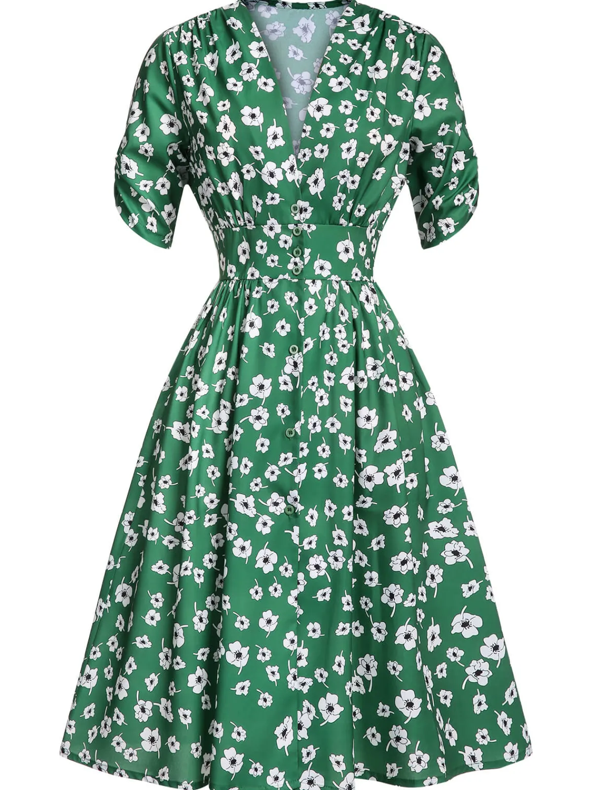 Clearance Retro Stage 1940s V-Neck Floral Dress Green