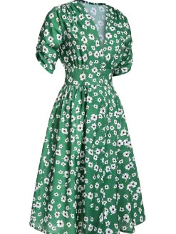 Clearance Retro Stage 1940s V-Neck Floral Dress Green