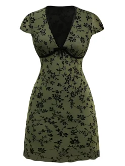 Discount Retro Stage 1960s V-Neck Floral Flocked A-line Dress Green