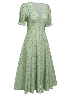 Fashion Retro Stage Green 1940s V-Neck Floral Lantern Sleeves Dress Light Green