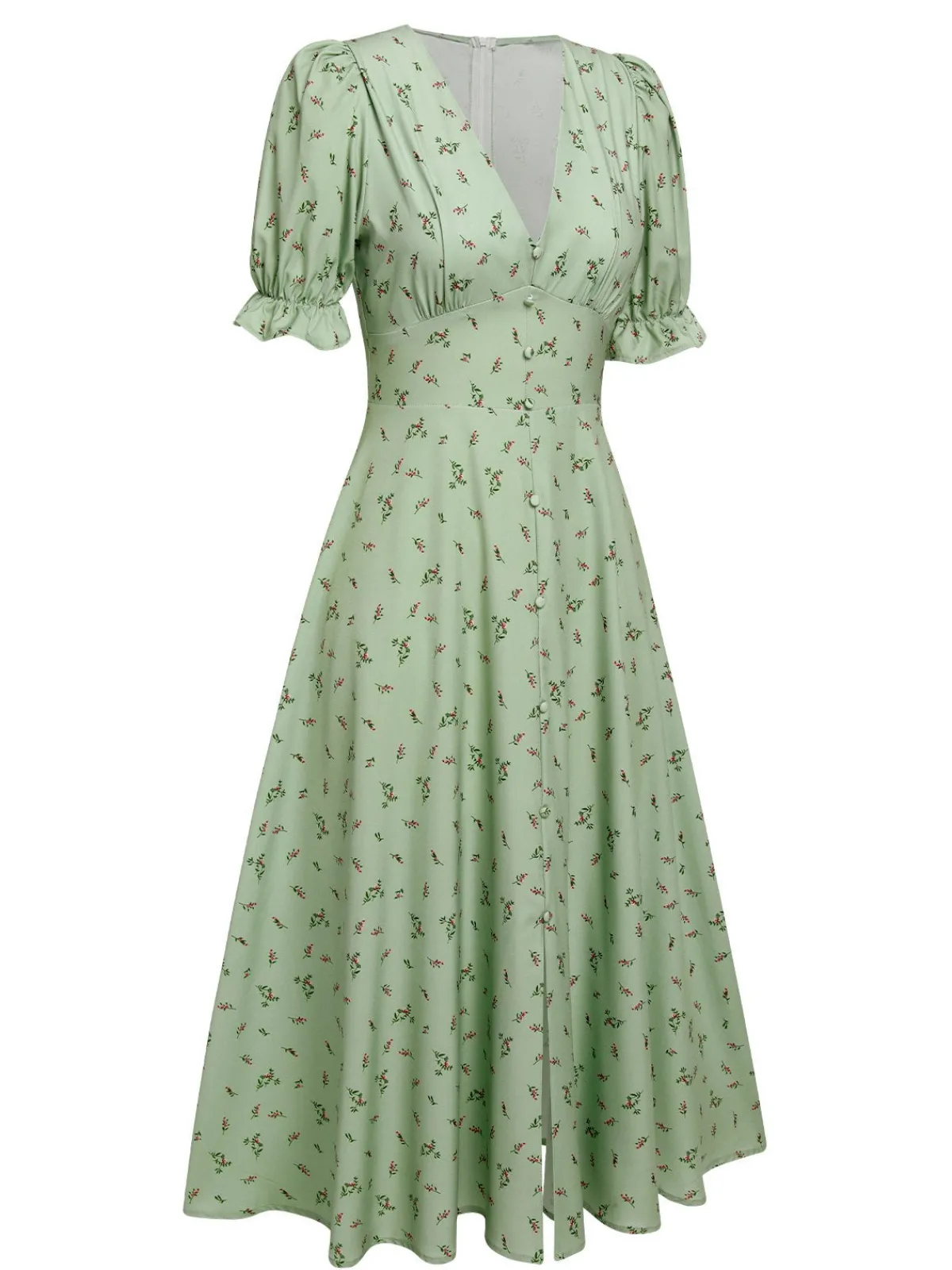 Fashion Retro Stage Green 1940s V-Neck Floral Lantern Sleeves Dress Light Green