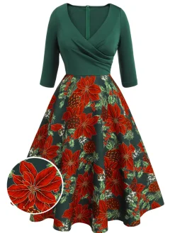 Best Retro Stage 1950s V-Neck Floral Patchwork Dress Green
