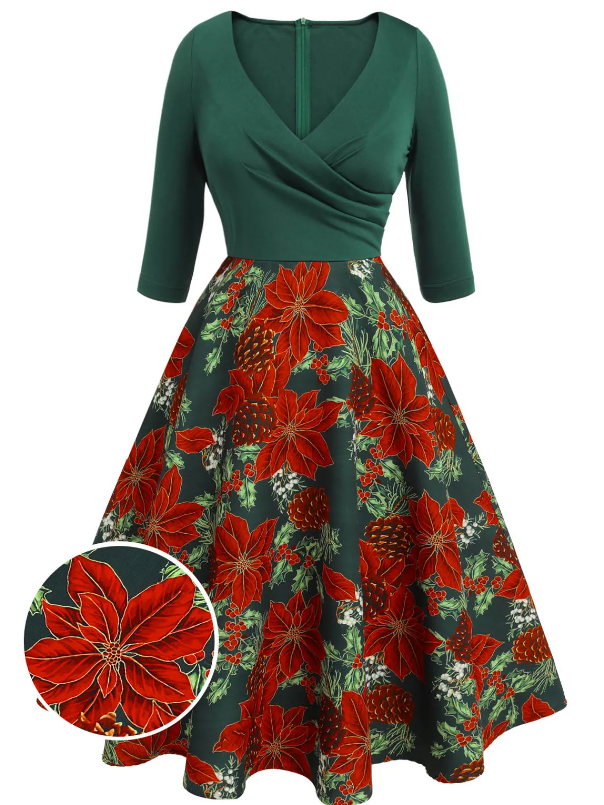 Best Retro Stage 1950s V-Neck Floral Patchwork Dress Green