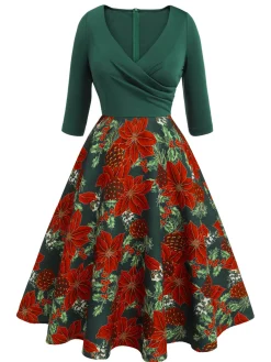 Best Retro Stage 1950s V-Neck Floral Patchwork Dress Green