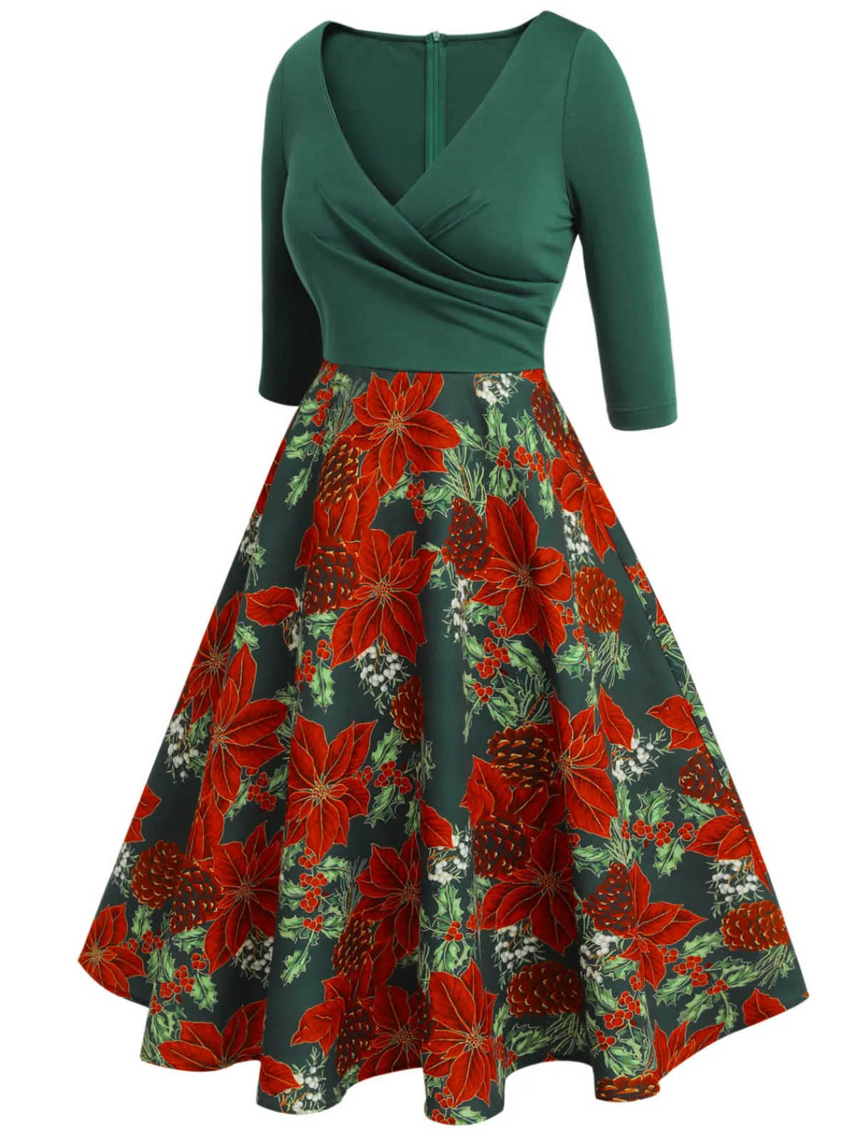 Best Retro Stage 1950s V-Neck Floral Patchwork Dress Green
