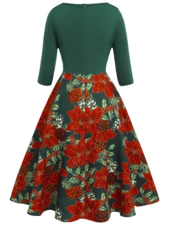 Best Retro Stage 1950s V-Neck Floral Patchwork Dress Green