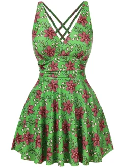 New Retro Stage 1940s V-Neck Floral Ruched-Waist Swimsuit Green