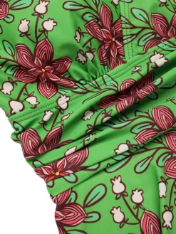 New Retro Stage 1940s V-Neck Floral Ruched-Waist Swimsuit Green