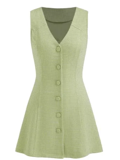 Outlet Retro Stage Green 1960s V-Neck Houndstooth Sleeveless Dress Light Green