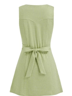 Outlet Retro Stage Green 1960s V-Neck Houndstooth Sleeveless Dress Light Green