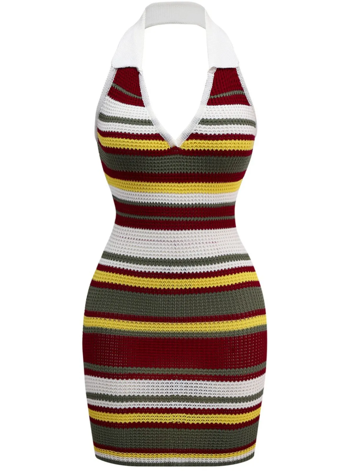 Sale Retro Stage 1960s V-Neck Lapel Stripe Knit Dress Green