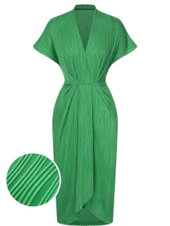 Online Retro Stage 1960s V-Neck Ripple Solid Dress Green