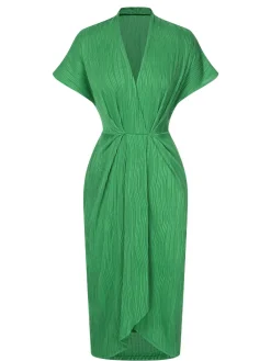 Online Retro Stage 1960s V-Neck Ripple Solid Dress Green