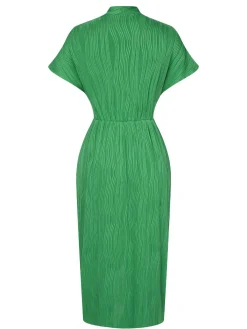 Online Retro Stage 1960s V-Neck Ripple Solid Dress Green