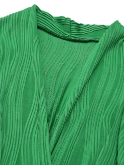 Online Retro Stage 1960s V-Neck Ripple Solid Dress Green