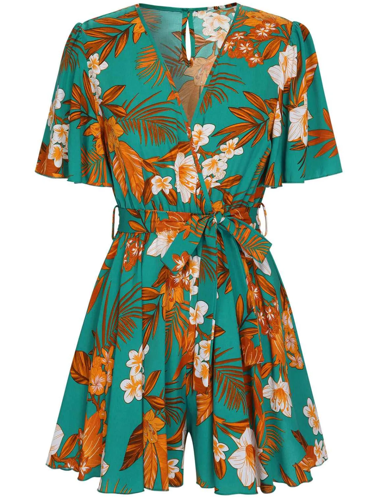 Hot Retro Stage 1970s V-Neck Ruffle Sleeves Romper Green