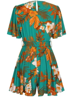 Hot Retro Stage 1970s V-Neck Ruffle Sleeves Romper Green