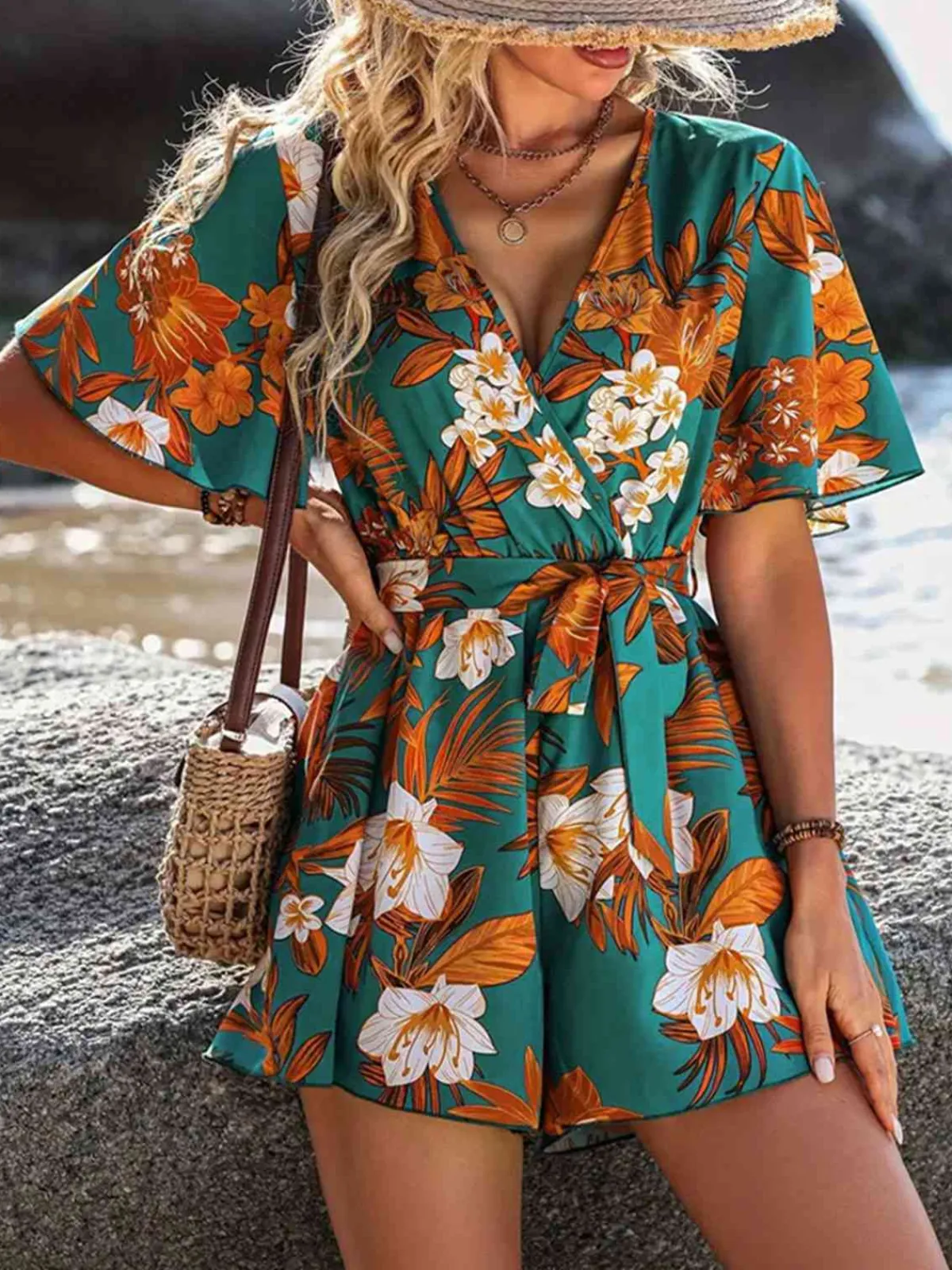 Hot Retro Stage 1970s V-Neck Ruffle Sleeves Romper Green