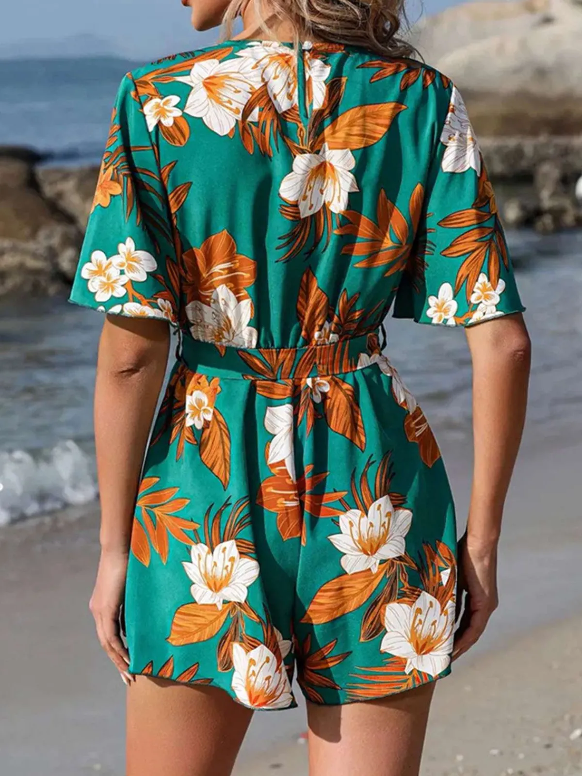 Hot Retro Stage 1970s V-Neck Ruffle Sleeves Romper Green
