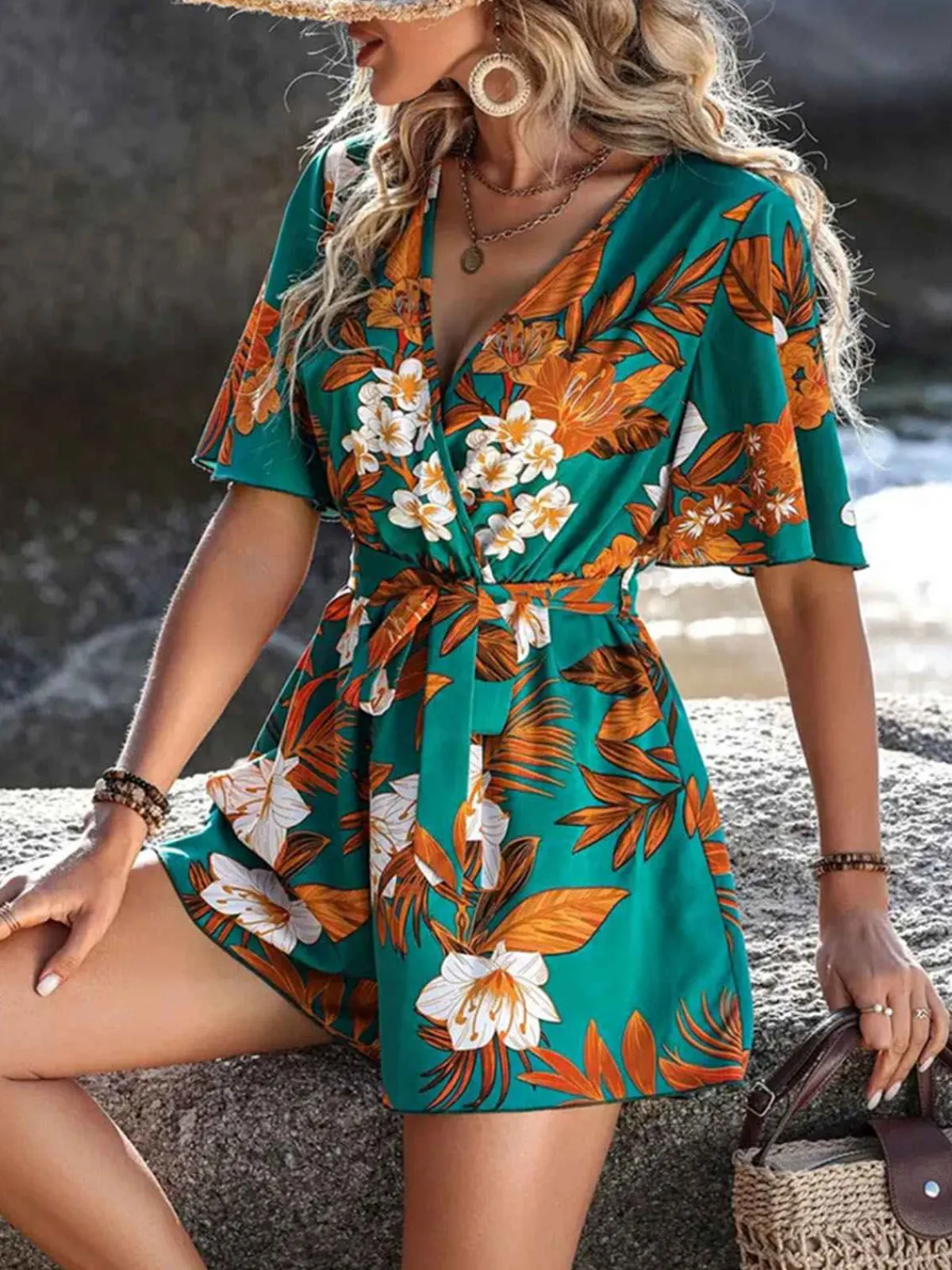 Hot Retro Stage 1970s V-Neck Ruffle Sleeves Romper Green