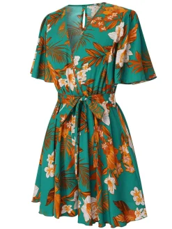 Hot Retro Stage 1970s V-Neck Ruffle Sleeves Romper Green