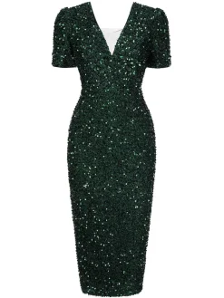 Online Retro Stage 1960s V-Neck Sequined Pencil Dress Green