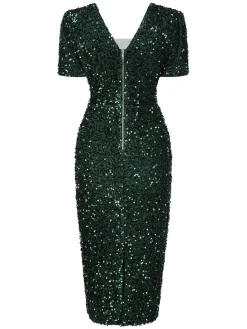 Online Retro Stage 1960s V-Neck Sequined Pencil Dress Green