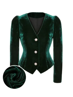 Hot Retro Stage 1960s V-Neck Short Velvet Coat Green