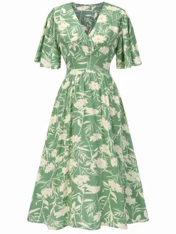 Discount Retro Stage 1940s V-Neck Silhouette Floral Dress Green