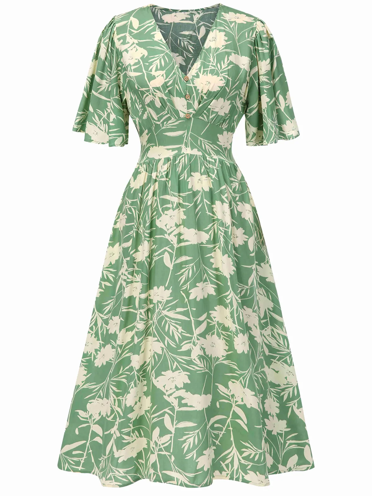 Discount Retro Stage 1940s V-Neck Silhouette Floral Dress Green