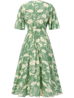 Discount Retro Stage 1940s V-Neck Silhouette Floral Dress Green