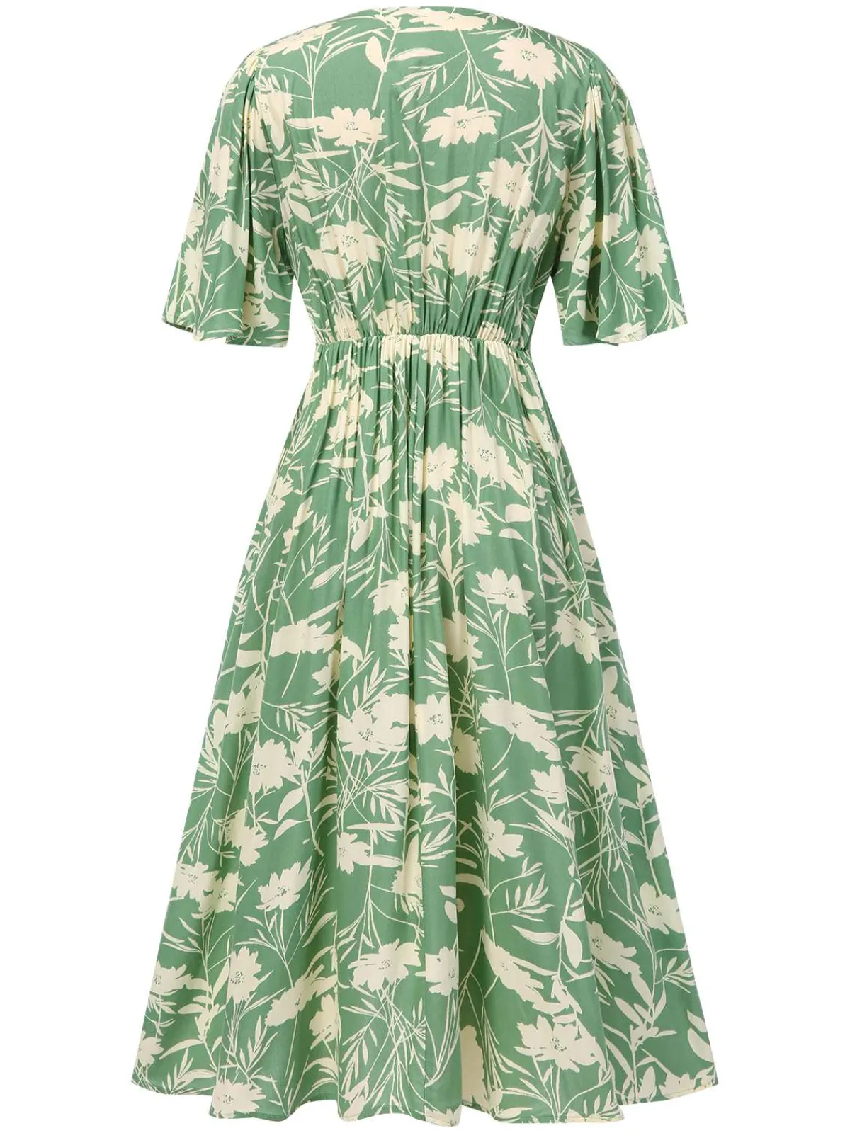Discount Retro Stage 1940s V-Neck Silhouette Floral Dress Green