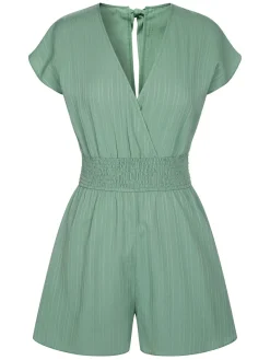 Online Retro Stage 1950s V-Neck Smocked Cap Sleeves Romper Green