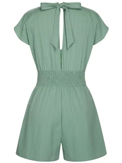 Online Retro Stage 1950s V-Neck Smocked Cap Sleeves Romper Green