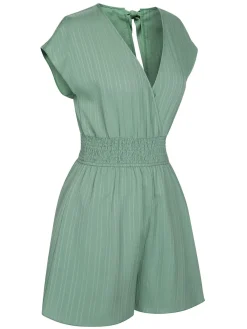 Online Retro Stage 1950s V-Neck Smocked Cap Sleeves Romper Green