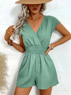 Online Retro Stage 1950s V-Neck Smocked Cap Sleeves Romper Green